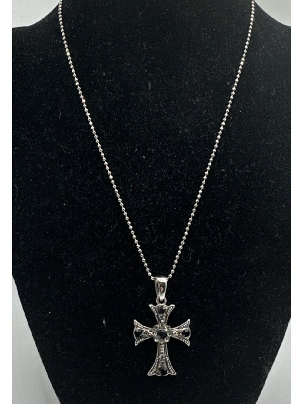 vintage silver tone black smoke rhinestone cross 1.25”’ on bead ball chain 16”
